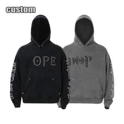 custom bulk design streetwear silk lined polyester oversized boxy mens rhinestone hoodie
